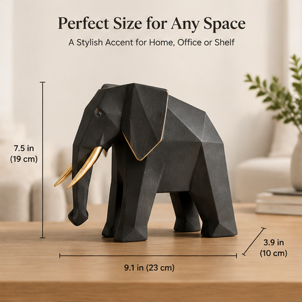 Elephant size diagram listing 9.1 inches long, 3.9 inches wide, and 7.5 inches high