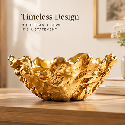 Empty gold-toned decorative bowl showing its sculptural rippled exterior and irregular ruffled rim