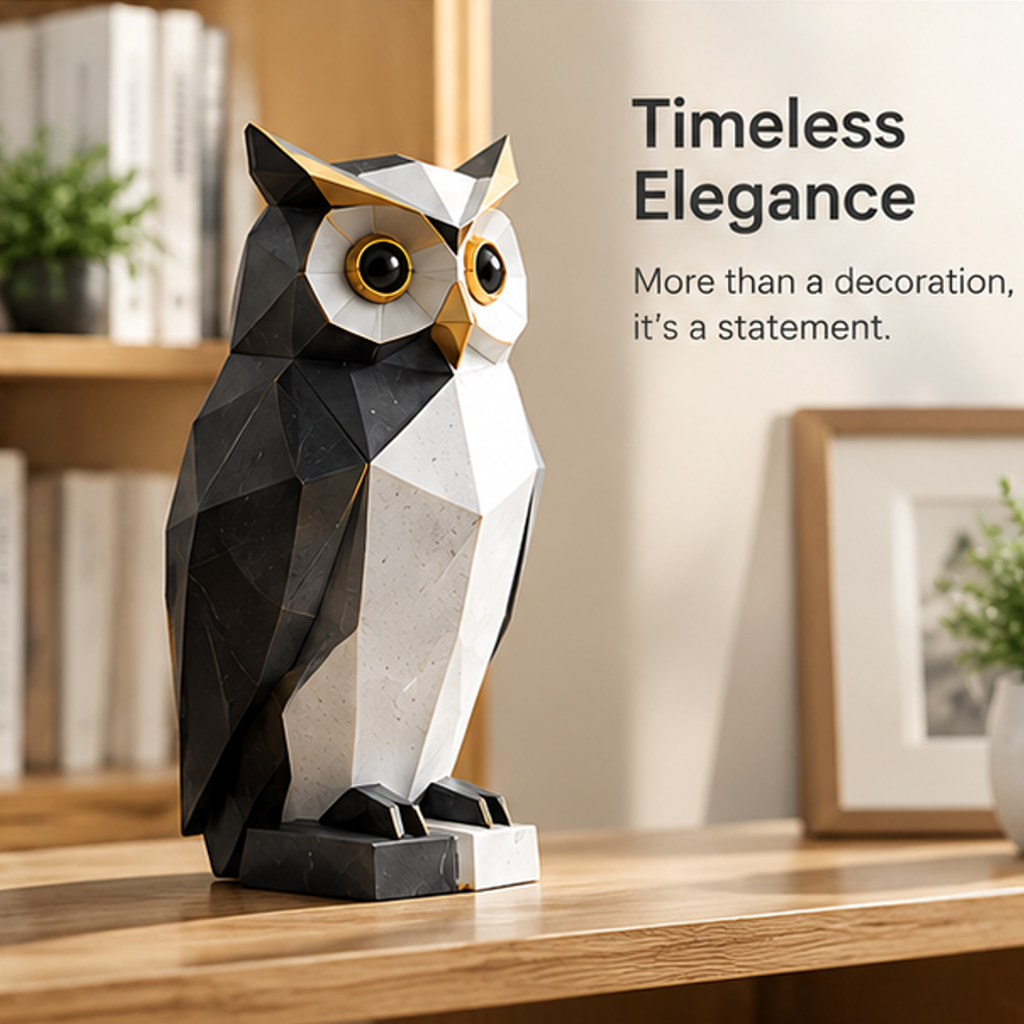 Black and white owl figurine styled near books and framed art with the words Timeless Elegance