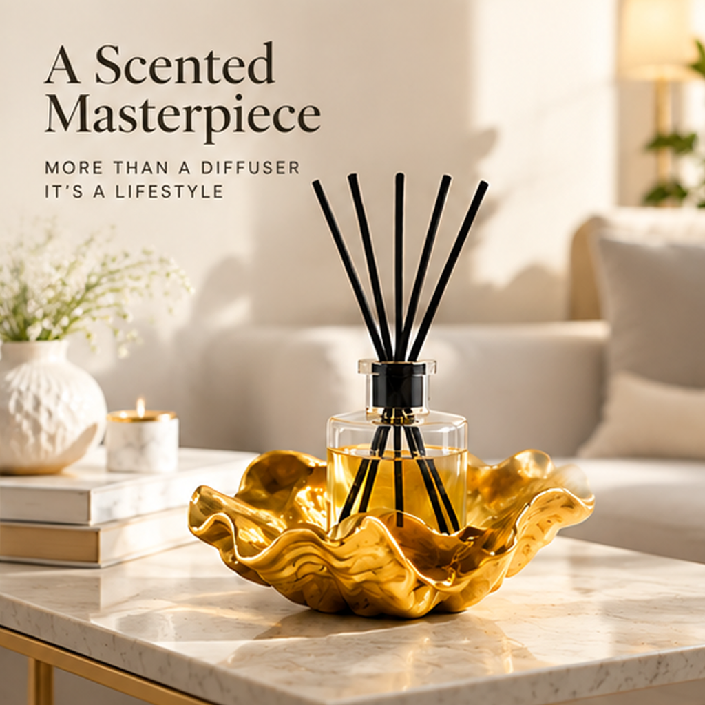 Decorative reed diffuser beside books in a neutral living room with scented home decor text