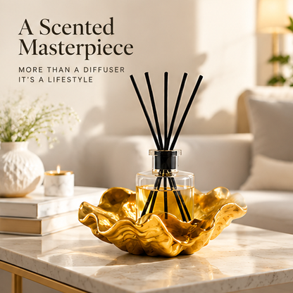 Decorative reed diffuser beside books in a neutral living room with scented home decor text
