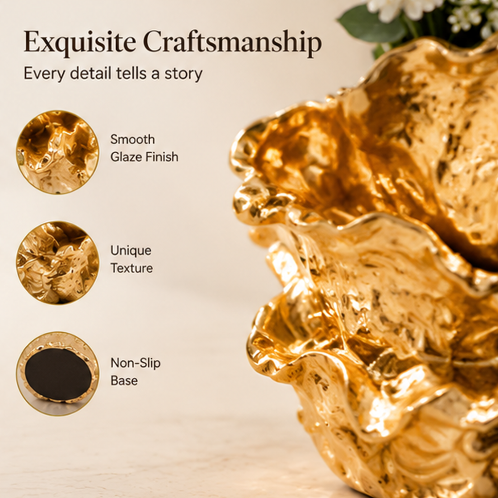 Close-ups of the vase's smooth glaze, textured folds, and image-listed non-slip base