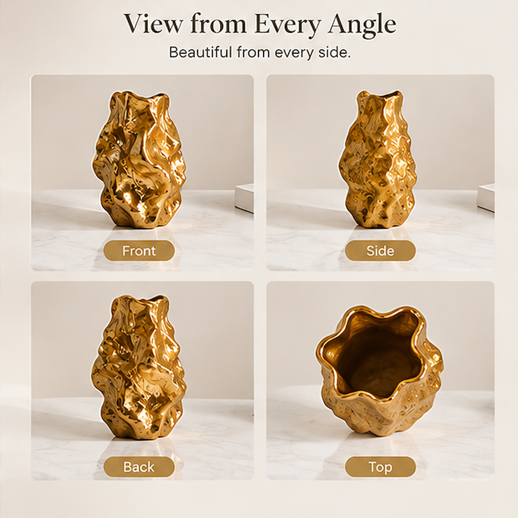 Front, side, back, and top views of the empty gold-toned vase and irregular opening