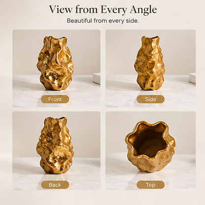 Front, side, back, and top views of the empty gold-toned vase and irregular opening