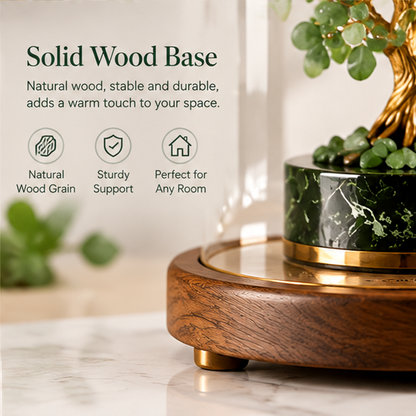 Close-up of the solid wood display base with natural grain, gold-toned feet, and clear dome edge