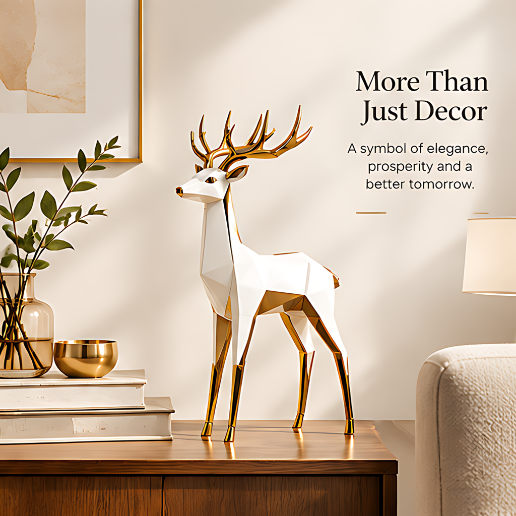 Deer figurine displayed beside books and greenery with text about elegance and prosperity symbolism
