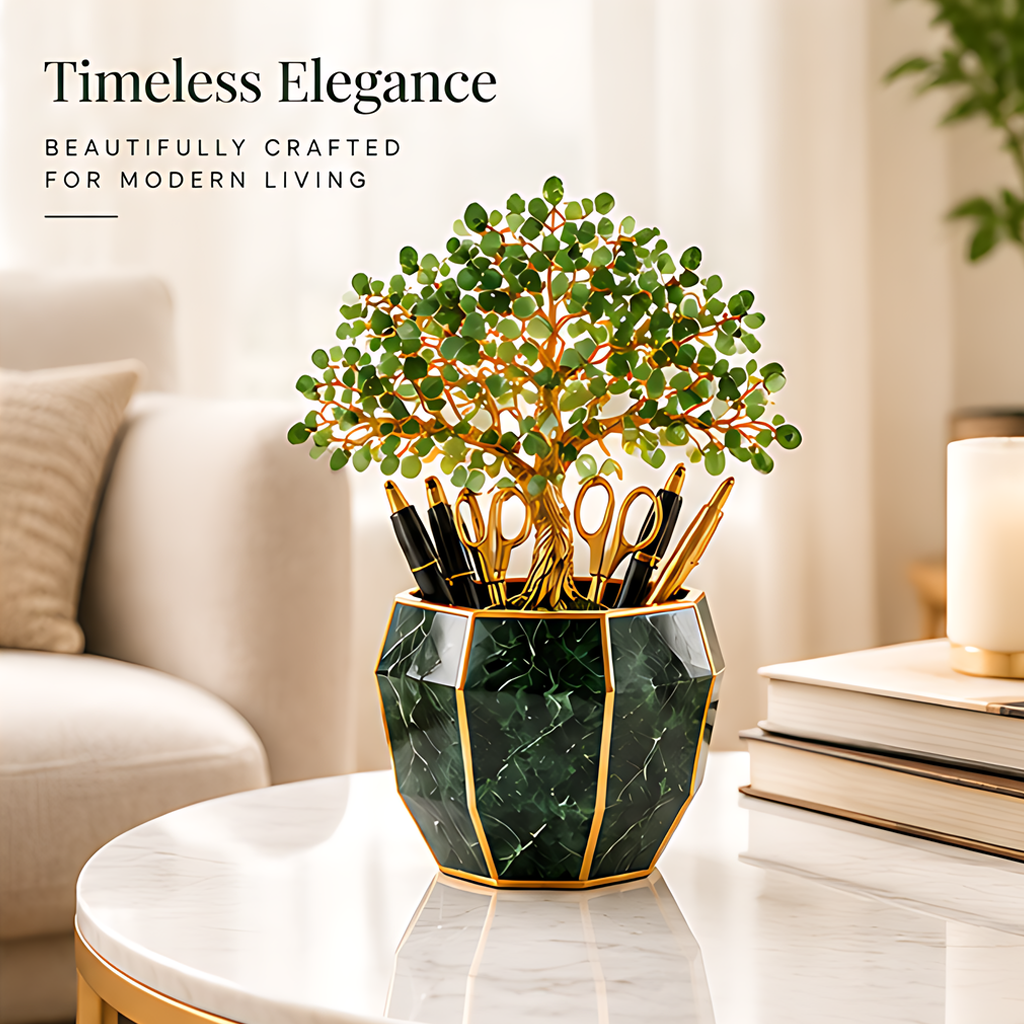 Tree pen holder styled beside books in a neutral room with text about timeless elegance