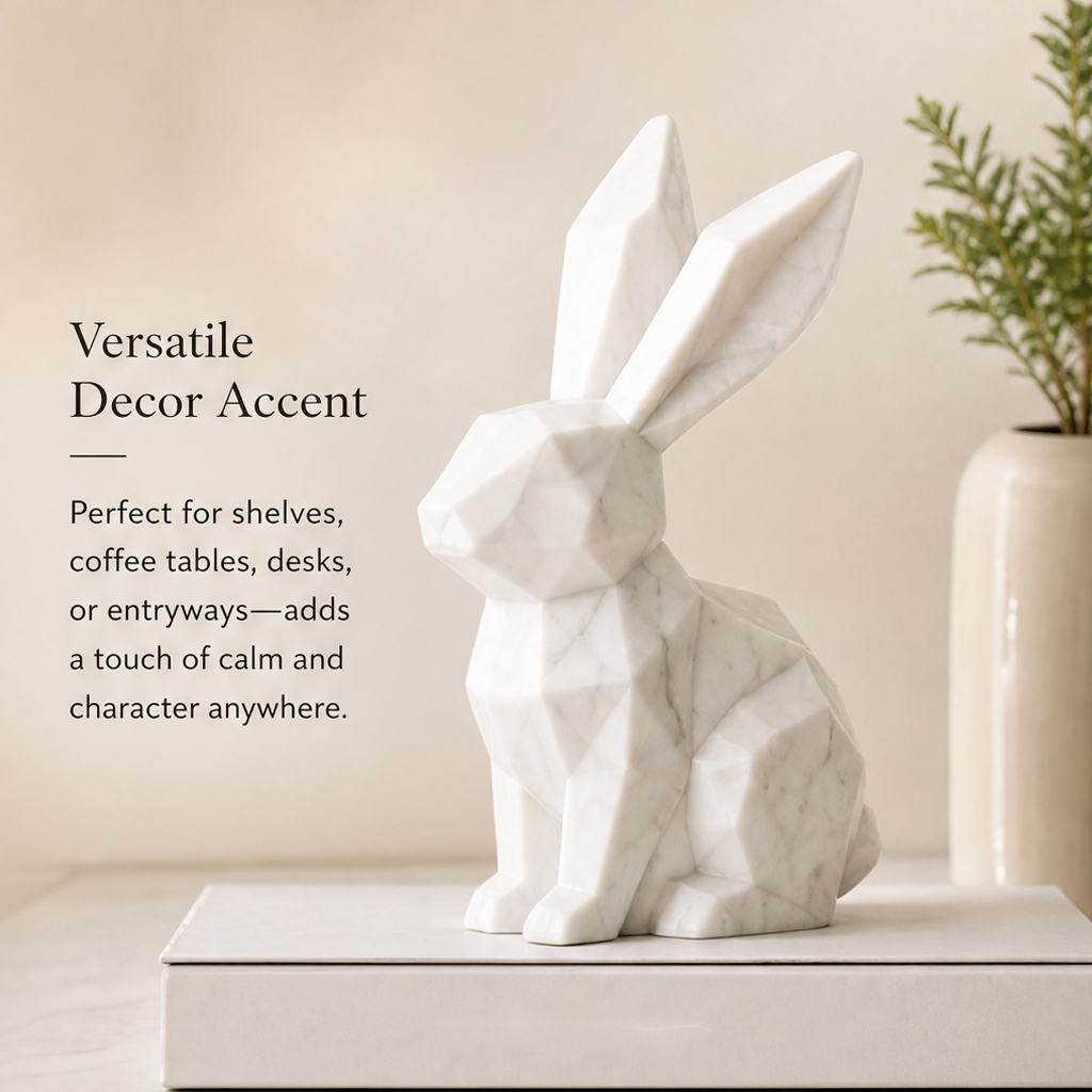 White rabbit figurine on a book beside a vase with text suggesting shelf, desk, and entryway displays