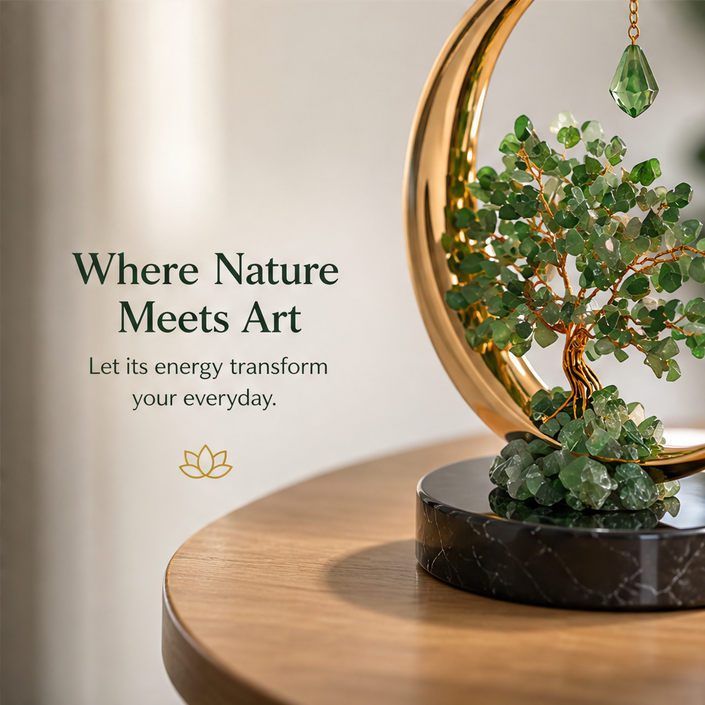 Close-up of green stone leaves, twisted gold-toned trunk, crescent frame, and hanging green drop