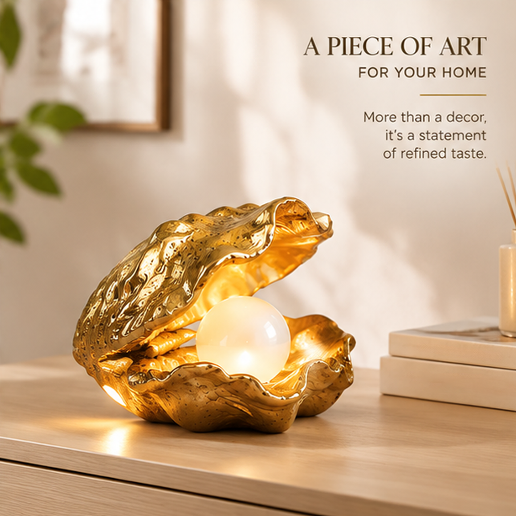 Angled view of the shell lamp beside books with text describing it as an artful home accent