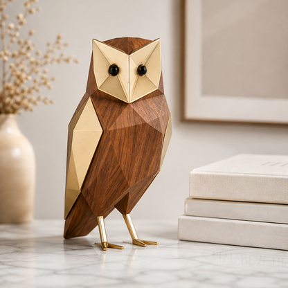 RIVMAROY geometric owl figurine with brown wood grain, gold-toned face and wings, beside neutral books