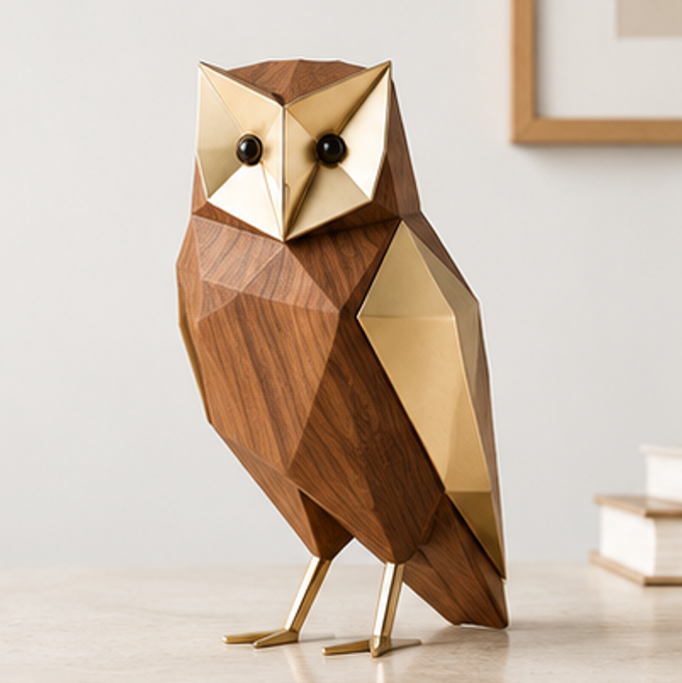 Full angled view of a geometric owl figurine with a brown body, gold-toned accents, and dark round eyes