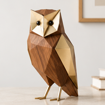Full angled view of a geometric owl figurine with a brown body, gold-toned accents, and dark round eyes