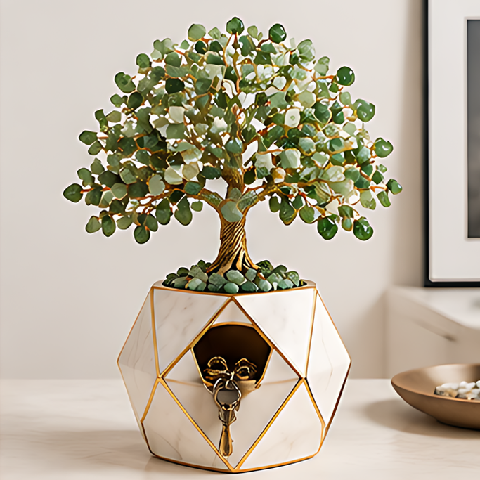 Tree of Life jewelry box with green jade leaves, gold-toned trunk, and a white geometric base with an ornate pull