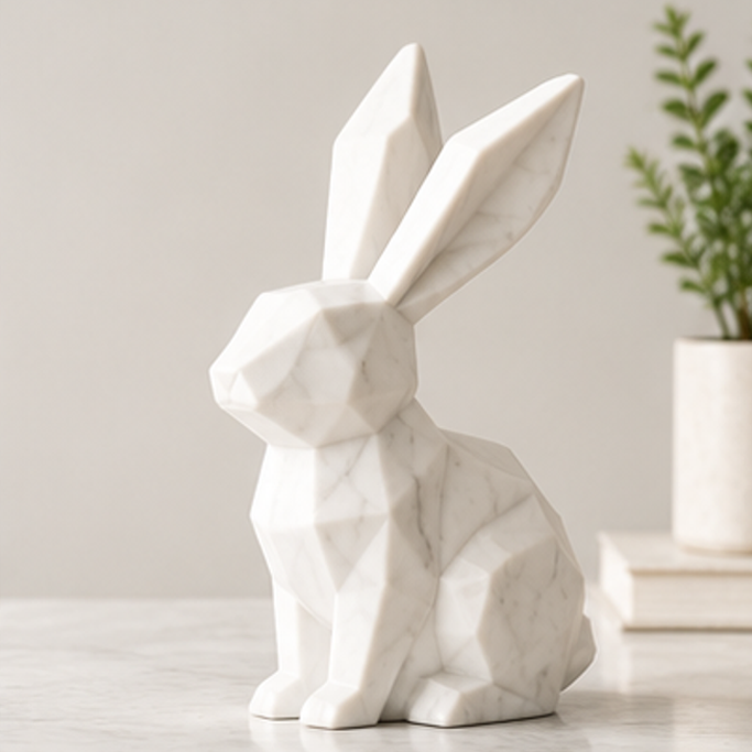 White geometric rabbit figurine with subtle gray veining and tall upright ears on a light tabletop