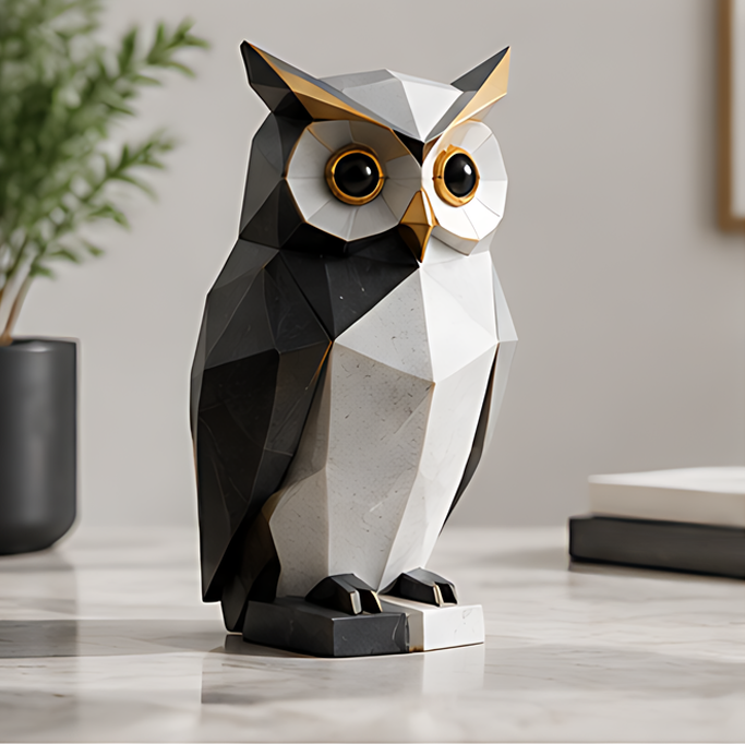 Black and white geometric owl figurine with gold-toned eye rings and beak on a light tabletop