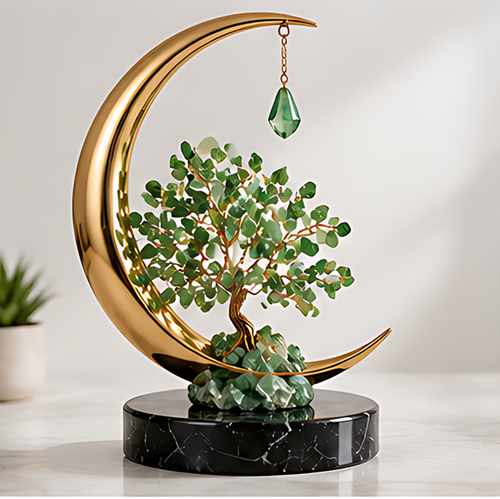 Green aventurine tree within a gold-toned crescent moon with a hanging green drop and black veined circular base